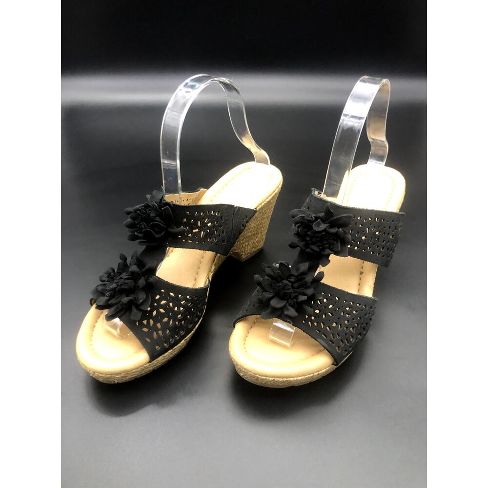 Bjorndal Black Suede Wedge Sandals, Women's Size 8.5M/EUR 39